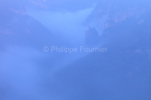 IMG_19053385_ARDèCHE (07) SAINT REMèZE RéSERVE NATURELLE DES GORGES DE L'ARDèCHE BRUME MATINALE, LE ROCHER DE LA CATHEDRALE